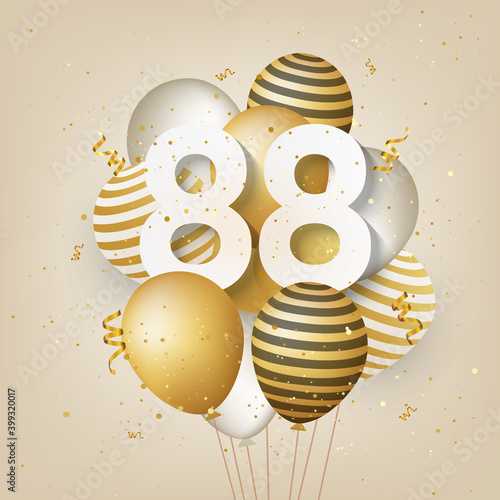Happy 88th birthday with gold balloons greeting card background. 88 years anniversary. 88th celebrating with confetti. Vector stock
