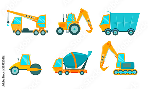 Trucks set. Vector illustration in cartoon style. Construction machinery.