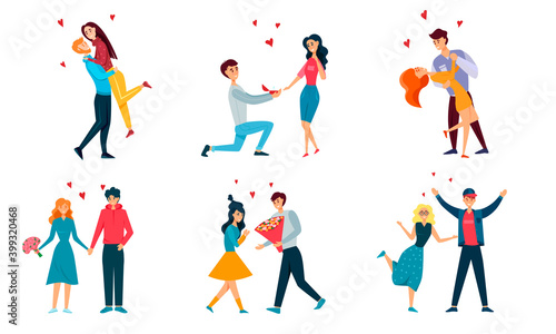 Set of loving couples. Vector illustration of characters. Men and women in cartoon style.