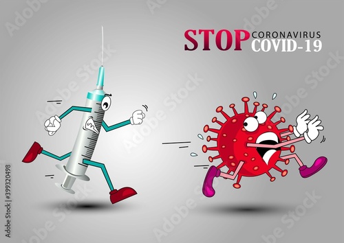 Vector cartoon figure drawing conceptual illustration of syringe running coronavirus COVID-19 virus with disinfection or disinfectant.