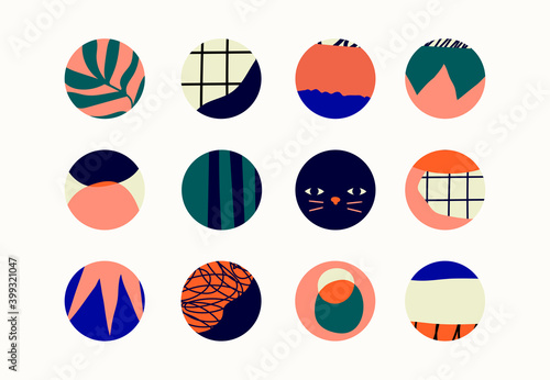 Set of round Abstract colorful Backgrounds or Patterns. Hand drawn doodle shapes, spots, drops, curves, lines. Contemporary modern trendy Vector illustration. Poster, print, social media templates