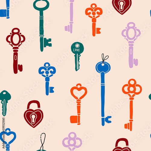 Hand drawn Vector Keys. Various vintage, antique and modern Keys. Different types, sizes. Square Seamless pattern. Background, Wallpaper, wrapping paper, poster template