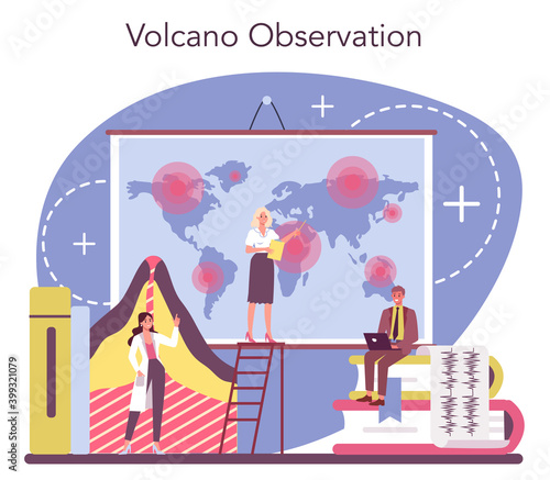Volcanologist concept. Geologist studying the processes and activity