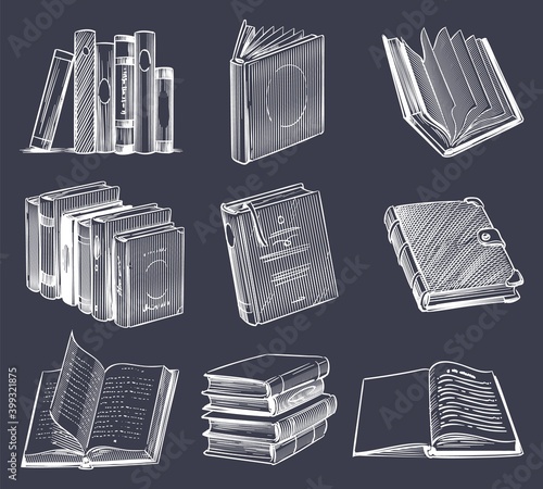 Hand drawn retro book set. Vintage sketch notebooks, stack on bookshelf, open and close books in chalk drawing style, library or bookstore vector white elements on black background