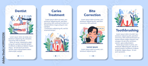Dentist mobile application banner set. Dental doctor in uniform