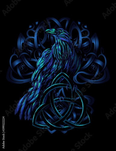 Odin's Celtic Raven. Scandinavian tattoo. Runic symbols in the Old Norse language mean Raven. Trixel, Celtic cross, Gungir and knots. Vector illustration of Scandinavian myths