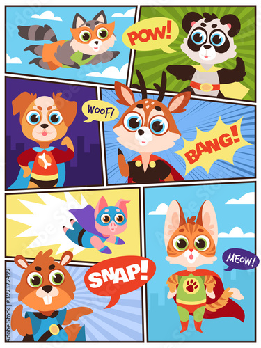 Comic super animals. Comics storyboard with funny costumed masked beasts superheroes and speech bubbles. Kids heroes panda and pig, dog and beaver, deer and cat, cartoon vector characters set