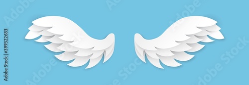 Paper cut wings. Origami flying angel wing, white feathers decoration of heaven bird, layered papercut design, handmade vector isolated element magic dream blue background