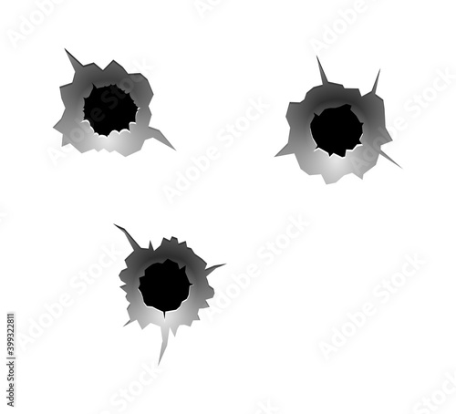 Realistic bullet traces. Circle bullets holes in metal wal, military shooting range, steel rip grunge texture collection close up gunshot vector isolated on white background illustration