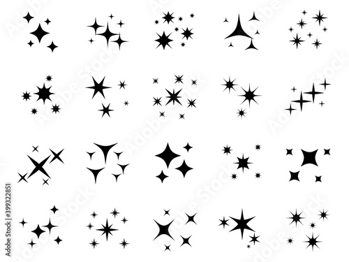 Shiny sparks silhouettes. Stars black shapes, holiday party decor, glowing shiny effect symbols, xmas magic graphic signs, shimmer festive decoration, flat vector isolated set