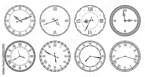 Retro clock face. Antique elegant dial with roman numerals collection, vintage round watches with carved hands and ornaments frames, stylized interior decor vector isolated set