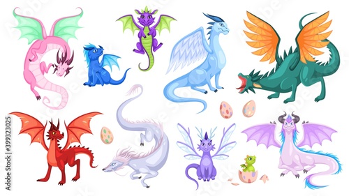 Fairy dragons. Fantasy colorful creatures, medieval magic fairy tails animals, fire-breathing mythical reptiles, flying dinosaurs. Childish collection for design cartoon vector set