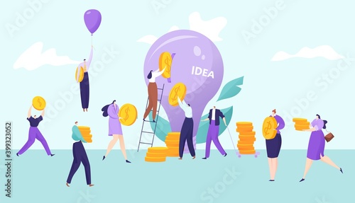 Business people invest money in idea concept vector illustration. Success finance investment in creative innovation bulb. Man woman investor character for startup growth, cash strategy service.