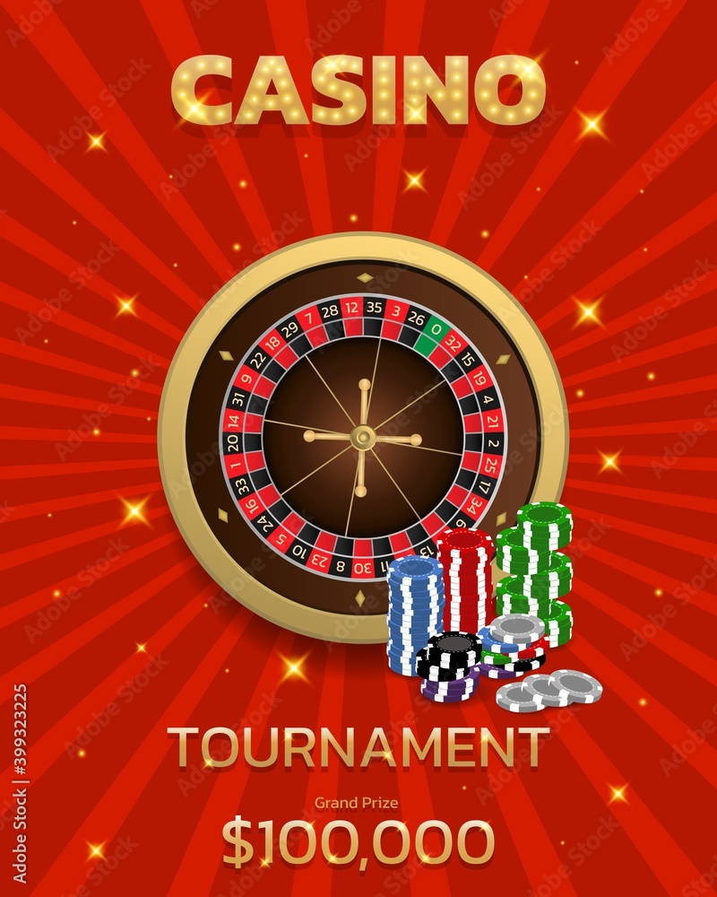 Casino tournament, roulette and chips banner. Can be used as a flyer, poster or advertisement. Vector illustration on a red background. Casino tournament, roulette and chips banner. Can be used as a flyer, poster or advertisement. Vector illustration on a red background.