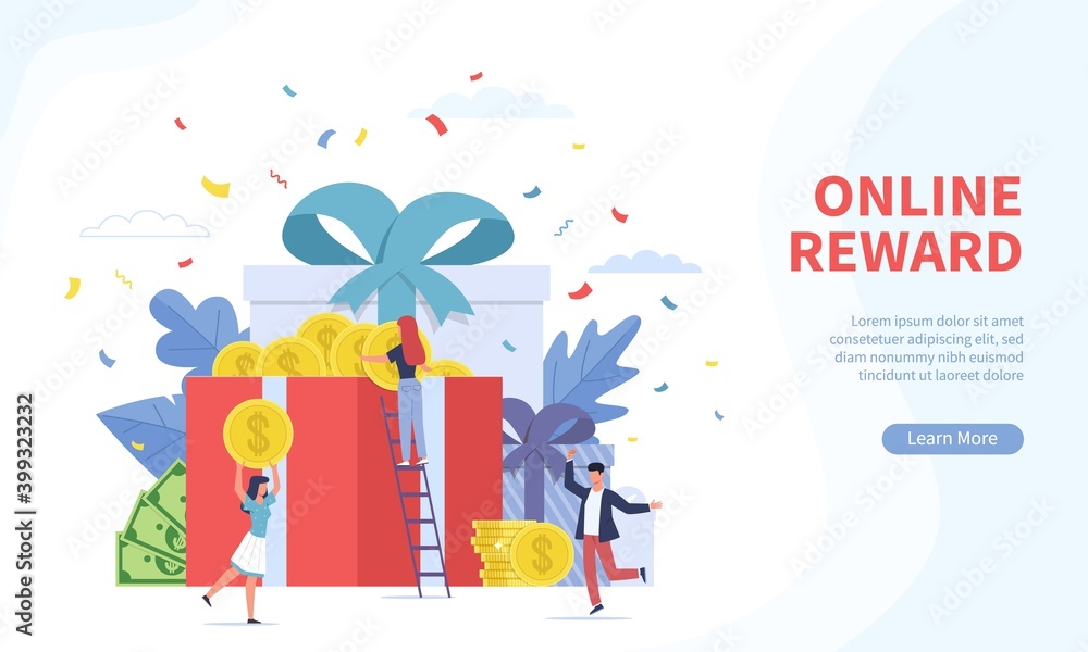 Online reward landing page. Tiny people receives different gift boxes for good job corporate offer, digital referral program web banner. Loyalty program and bonus flat vector concept Online reward landing page. Tiny people receives different gift boxes for good job corporate offer, digital referral program web banner. Loyalty program and bonus flat vector concept