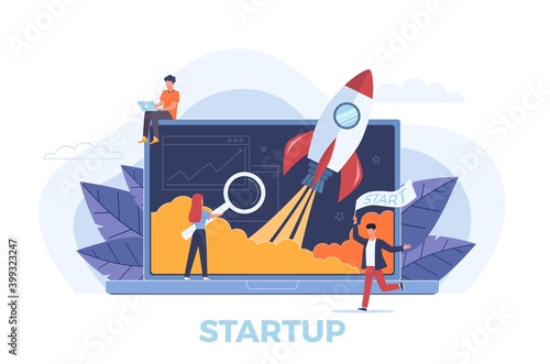 Startup. Rocket launch metaphor, people presentation new business project start up on laptop, development products, marketing company, creative idea and innovation symbol vector concept