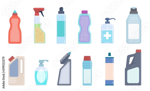 Detergent bottles. Cleaning supplies in plastic containers, bleach and household chemicals bottle, sanitary washing products for kitchen, toilet and home vector isolated flat set