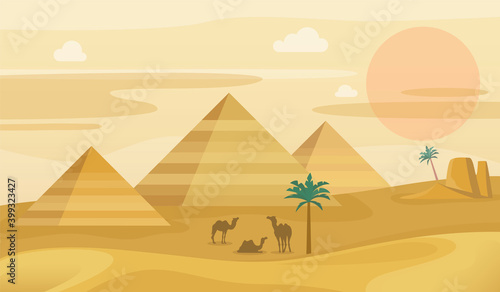 Egypt desert landscape. Egyptian pyramids with camels  African sand dunes panorama  sahara sunset  palm trees and mountains. tourism and travel illustration vector horizontal background