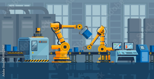 Factory interior. Manufacturing conveyor indoors, industrial line with robot arms, automated production equipment, electronic hardware, robotic optimization technology vector concept