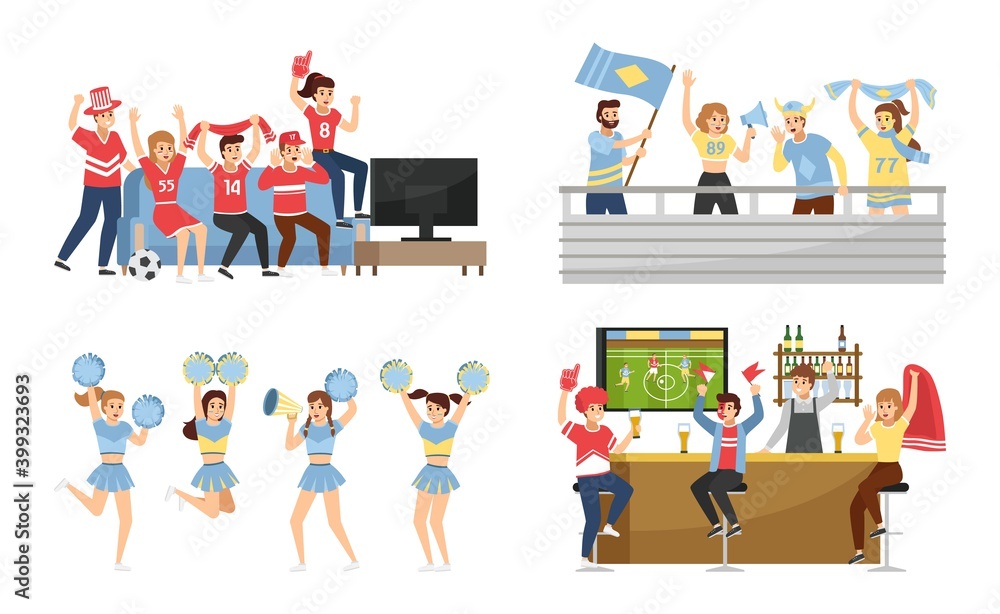 Sport team fans. Supporters group with attributes collection, people wearing favorite team colors, cheerleading to stadium and bar. Men and women with flags and posters vector set