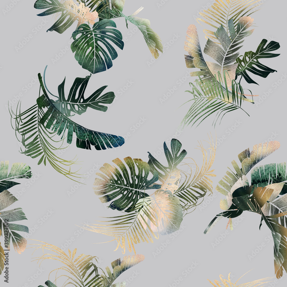 Fototapeta premium Seamless floral pattern with tropical leaves on summer background. Template design for textiles, interior, clothes, wallpaper. Watercolot illustration. Botanical art