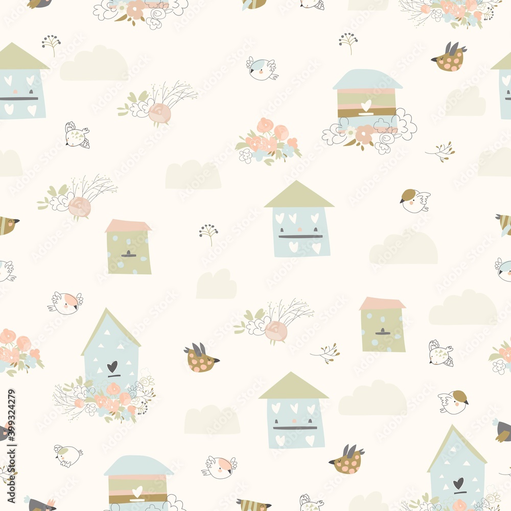 Spring seamless pattern with flowers,birds and birdhouses