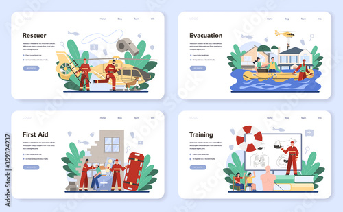 Urgency rescuer help web banner or landing page set. Ambulance lifeguard