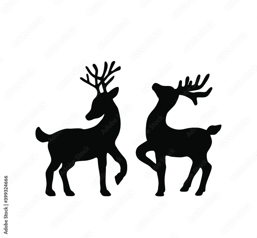 Vector black baby deer stag reindeer with antlers.Outline silhouette stencil drawing illustration isolated on white background .Sticker.T shirt print. Plotter Cutting.Laser cut. Christmas decoration.