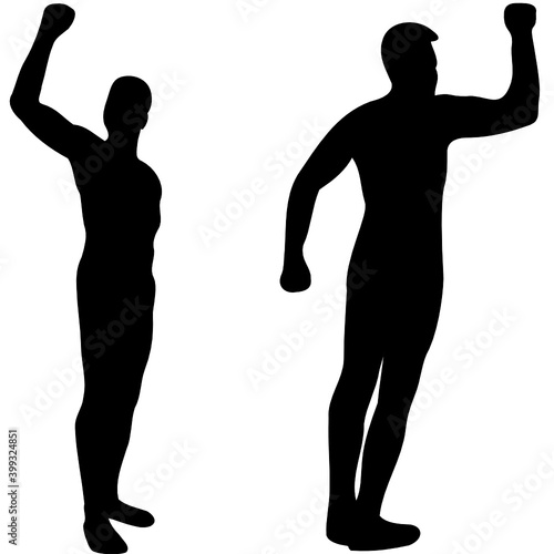 A gesture of protest. The silhouette of a man stands erect with his right hand raised and his fist clenched. Black rebel vector on white background isolated.