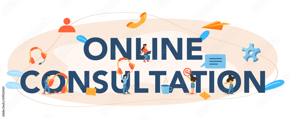 Online consultation typographic header. Research and recommendation.