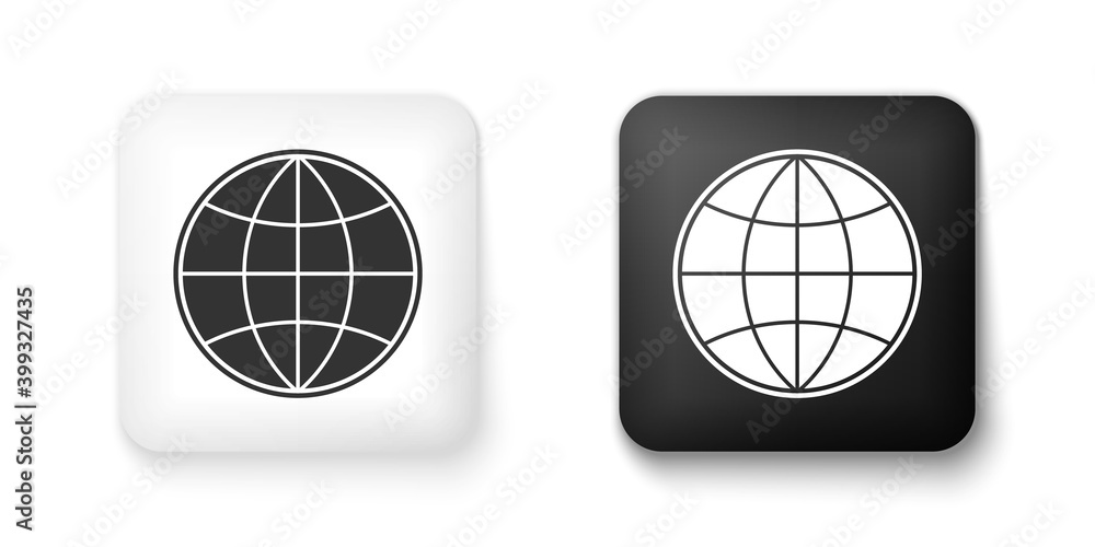 Black and white Earth globe icon isolated on white background. World or Earth sign. Global internet symbol. Geometric shapes. Square button. Vector. Black and white Earth globe icon isolated on white background. World or Earth sign. Global internet symbol. Geometric shapes. Square button. Vector.