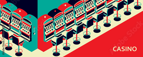 Casino slot machine in isometric flat style. One arm gambling device