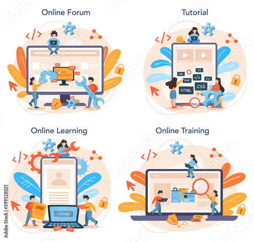 Web programming online service or platform set. Coding, testing