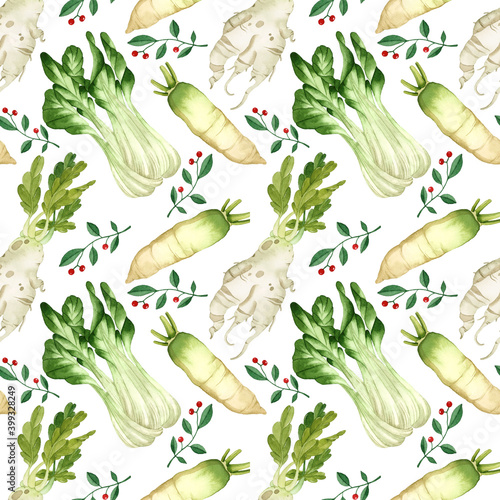 Vegetable watercolor seamless pattern daikon lettuce on white background