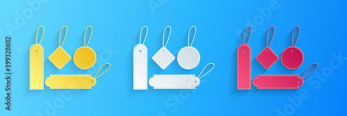 Paper cut Blank labels template price tags set icon isolated on blue background. Empty shopping discounts stickers. Template discount banners set. Paper art style. Vector.