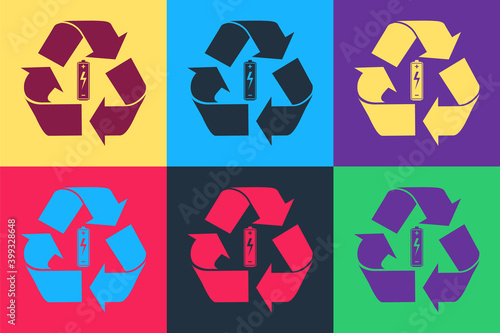Pop art Battery with recycle symbol icon isolated on color background. Battery with recycling symbol - renewable energy concept. Vector.