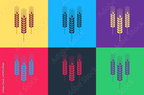 Pop art Cereals icon with rice, wheat, corn, oats, rye, barley icon isolated on color background. Ears of wheat bread symbols. Agriculture wheat. Vector.