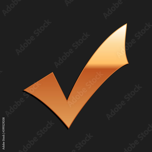 Gold Check mark icon isolated on black background. Tick symbol. Long shadow style. Vector.