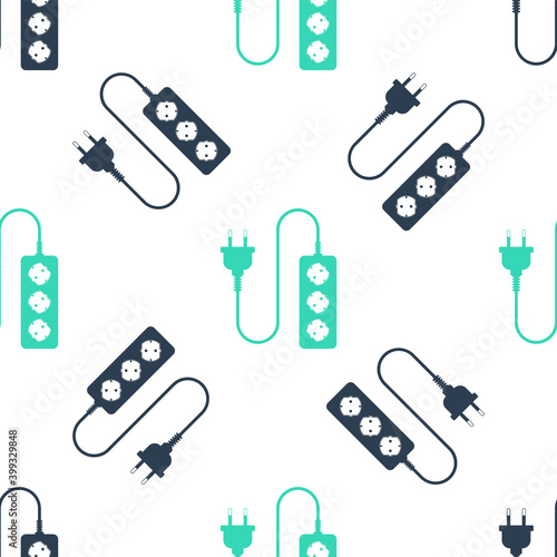 Green Electric extension cord icon isolated seamless pattern on white background. Power plug socket. Vector.