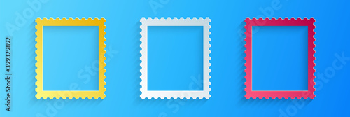 Paper cut Postal stamp icon isolated on blue background. Paper art style. Vector.