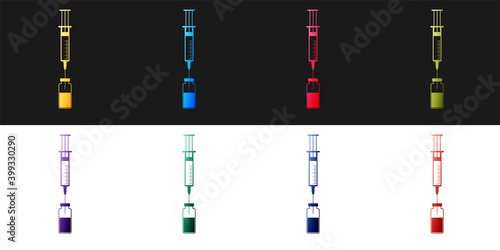 Set Medical syringe with needle and vial or ampoule icon isolated on black and white background. Vaccination, injection, vaccine, insulin concept. Vector.