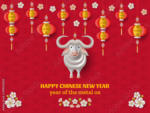 Happy Chinese New Year background with creative white metal ox, hanging lanterns