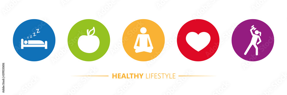 healthy lifestyle icons sleep apple yoga heart sport vector illustration EPS10