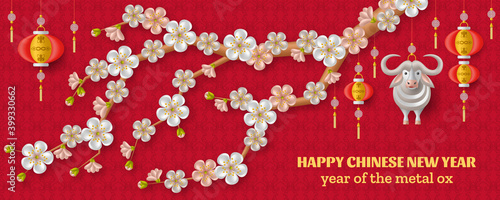 Happy Chinese New Year background with creative white metal ox, hanging lanterns