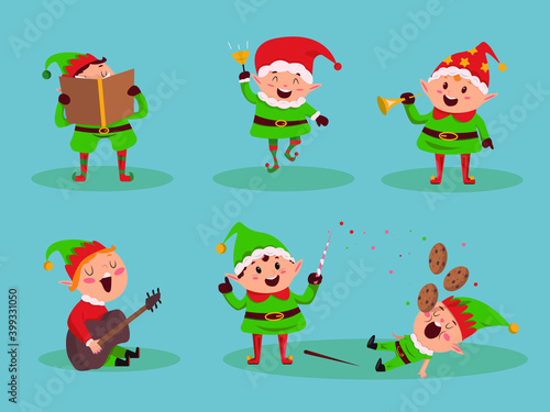 Caroling kids set. Children sing Christmas songs and carols in funny green costumes. Vector illustration 