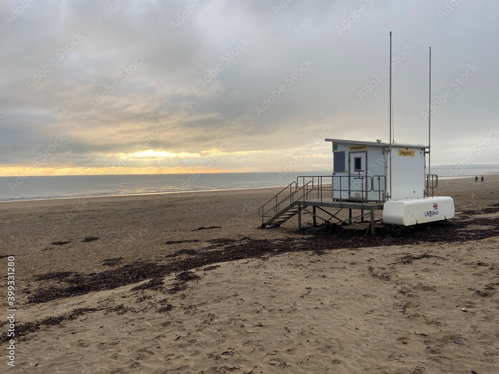 lifeguard hut on the beach at camber sands beach at Camber village East Sussex, UK