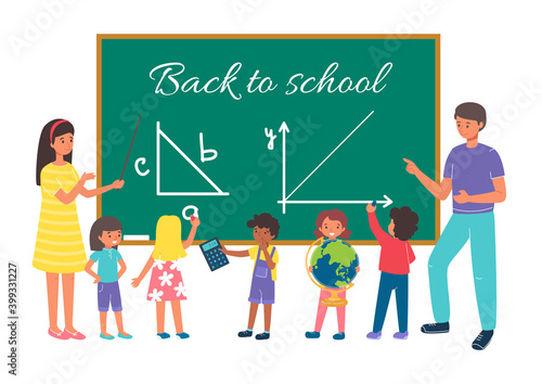 School teacher for education student in classroom, back to school vector illustration. Boy girl child student at cartoon lesson in class. Happy pupil get knowledge near board, elementary learn.