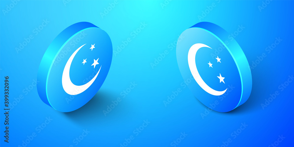 Isometric Moon and stars icon isolated on blue background. Blue circle button. Vector.
