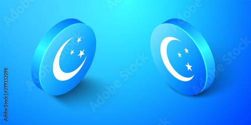 Isometric Moon and stars icon isolated on blue background. Blue circle button. Vector.
