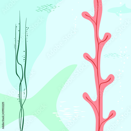 Trendy abstract sea background. Fish and marine plants. Minimal hand drawn geometric shapes composition. Pastel colorful pattern. Editable mask. Template for your design works. Vector illustration.